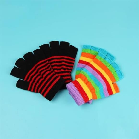2 Pairs Rainbow Striped Cotton Knitted Half Finger Gloves - Thickened Warm for - Picture 3 of 8